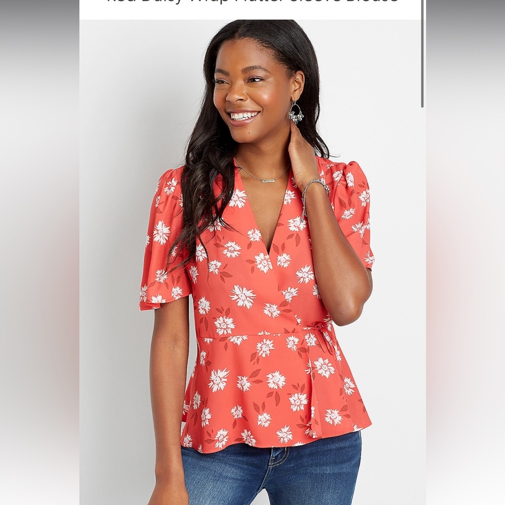 Red Daisy Wrap Flutter Sleeve Blouse